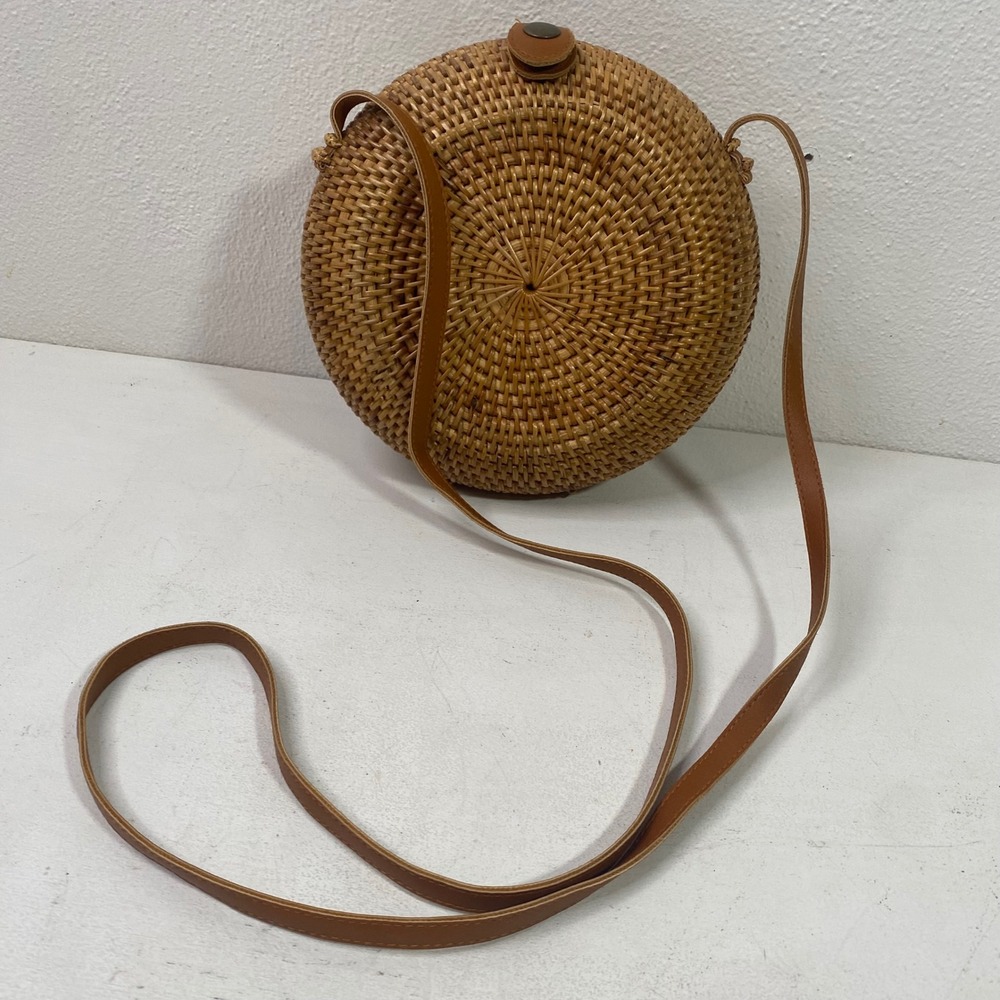 Boho Round Rattan Crossbody Bag Woven Straw Canteen Purse with Batik Lining